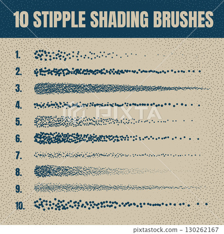 Ink scatter brush, stipple drawing and texturing. Fading gradient. Stippling, dotwork drawing, shading using dots. Halftone disintegration effect. White noise grainy texture. Vector illustration Ink scatter brush, stipple drawing and texturing. Fading gradient. Stippling, dotwork drawing, shading using dots. Halftone disintegration effect. White noise grainy texture. Vector illustration 130262167