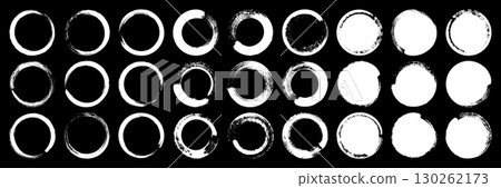 Grunge circles, brush strokes, lines, ink smudges, hand-drawn scribble shapes. Handmade sketchy marks, acrylic stains, charcoal streaks. Paint textures, dry brush effect. Vector illustration 130262173