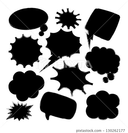 Grunge comic speech bubbles with brush strokes, ink smudges, acrylic stains or charcoal streaks. Hand drawn retro cartoon stickers. Chatting, message box. Vector illustration 130262177