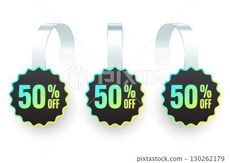Supermarket promotional wobblers. Realistic white wobbler template for shelf advertising, 50 percent off discount. Sale label with ad text. Special offer price tag. Vector illustration 130262179