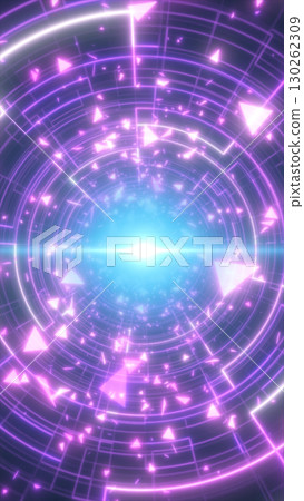 Futuristic glowing neon portal with pink and blue light rings and geometric particles Futuristic glowing neon portal with pink and blue light rings and geometric particles 130262309