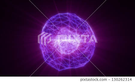 Vibrant glowing purple abstract sphere with neon geometric network, radiating energy and futuristic light on a dark background 130262314