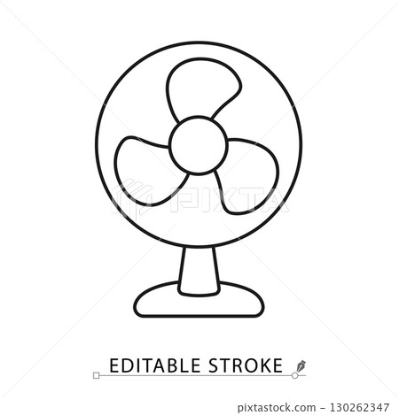 A fan icon in minimalist style with editable stroke. Cooling device, electric appliance, household equipment, modern technology, domestic utility, home interior element, electronic object 130262347