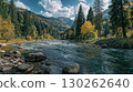Breathtaking Scene of a Winding Mountain River Flowing Through a Lush Forest, Enhancing Tranquility and Beauty Perfect for RelaxationFocused Projects. 130262640