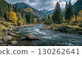 A Majestic Winding River Flows Through a Lush Forest, Capturing the Essence of Natural Beauty Ideal for HighEnergy and RelaxationFocused Projects. 130262641