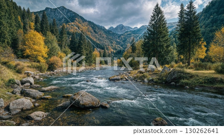 A Majestic Winding River Flows Through a Lush Forest, Capturing the Essence of Natural Beauty Ideal for HighEnergy and RelaxationFocused Projects. A Majestic Winding River Flows Through a Lush Forest, Capturing the Essence of Natural Beauty Ideal for HighEnergy and RelaxationFocused Projects. 130262641