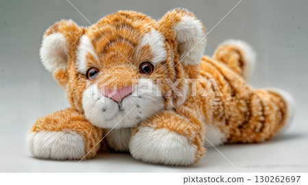 Adorable, Soft Plush Stuffed Tiger Lying Down on the Floor Perfect for Cute Themed Projects, Boosting a Sense of Tranquility and Relaxation. Adorable, Soft Plush Stuffed Tiger Lying Down on the Floor Perfect for Cute Themed Projects, Boosting a Sense of Tranquility and Relaxation. 130262697