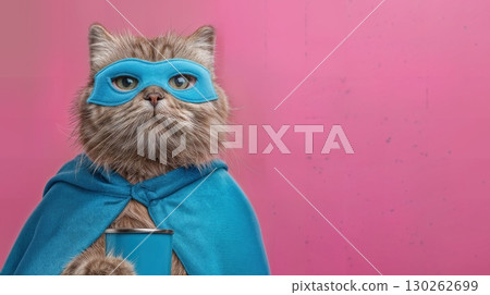 Superhero Cat in Blue Cape and Mask, Striking Whiskey Bottle Prop Ideal for Social Media Marketing or Creative Branding, Inspires Adventure and Playfulness. 130262699