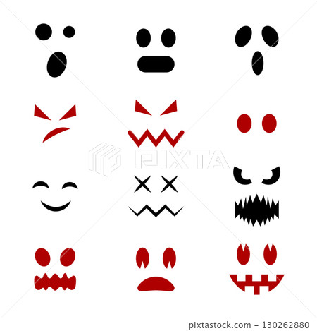 Set of Cartoon Face Silhouettes for Halloween. Perfect for Halloween decorations, pumpkin carving patterns, stickers, icons, emojis, party invitations and creative graphic design projects. 130262880