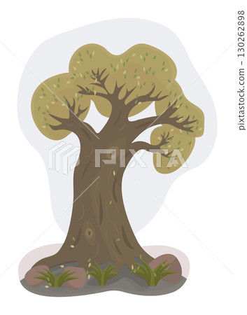 Single big old tree with foliage, vector color illustration 130262898