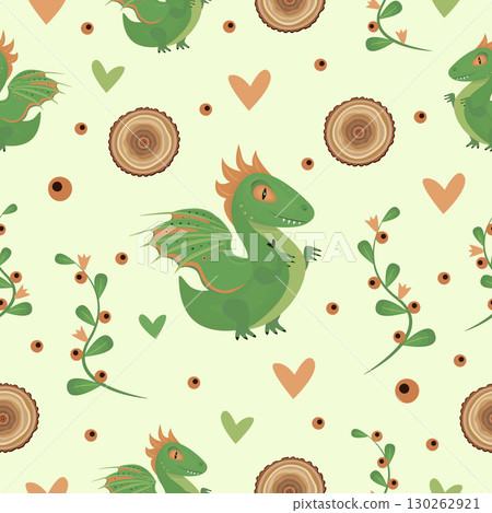 Wood green dragon seamless pattern, color vector background 130262921