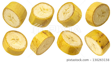 Banana slices isolated on white background with clipping path, full depth of field 130263138