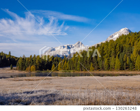 St. Moritz, Switzerland - October 6th 2024: Idyllic lake Lej da Staz in the morning sunlight 130263248