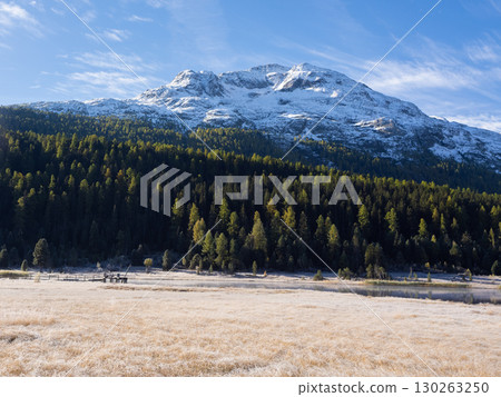 St. Moritz, Switzerland - October 6th 2024: Idyllic lake Lej da Staz in the morning sunlight 130263250