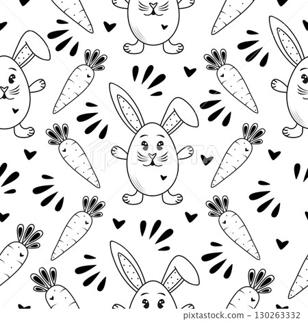 Cute rabbit and carrot, black and white seamless pattern 130263332