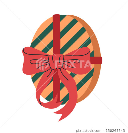 Birthday or Xmas gift box. Christmas party present with silk bow, cartoon wrapped gift box flat vector illustration. Hand drawn holidays gift box on white 130263343