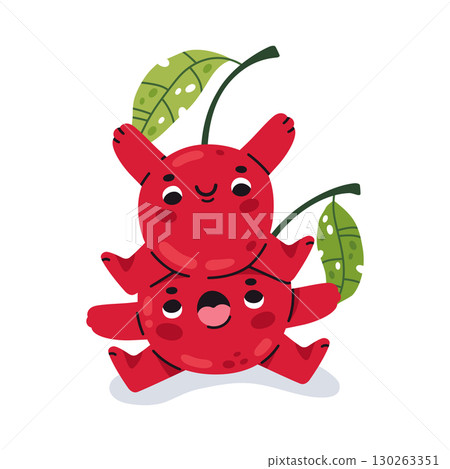 Cartoon cherry mascots. Cheerful cherry characters with various emotions, funny cherry berries flat vector illustration. Comic cherries with cute faces on white 130263351
