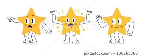 Star shapes. Cartoon preschool learning geometric star characters with funny emotions flat vector illustration set. Comic funny star mascots with various emotions 130263360