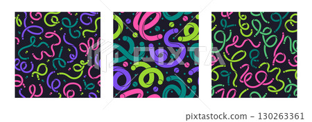 Twisted shapes seamless patterns. Abstract scribble lines endless design, colorful creative minimalist style flat vector background illustration set. Doodle funny scribble shapes patterns Twisted shapes seamless patterns. Abstract scribble lines endless design, colorful creative minimalist style flat vector background illustration set. Doodle funny scribble shapes patterns 130263361