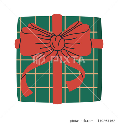 Xmas gift box. Christmas party present with silk bow, wrapped gift box flat vector illustration. Cartoon holidays gift box on white Xmas gift box. Christmas party present with silk bow, wrapped gift box flat vector illustration. Cartoon holidays gift box on white 130263362