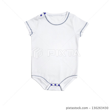 White baby onesie with blue trim and snap buttons on short sleeves for infants White baby onesie with blue trim and snap buttons on short sleeves for infants 130263430