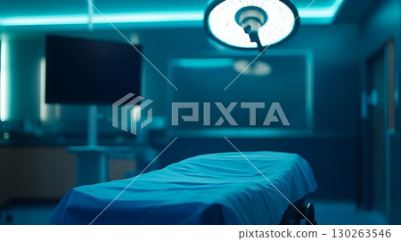 Clean operating room with bright lights and sterile table. 130263546