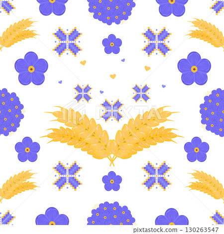 Seamless pattern in Ukrainian style, vector color repeat background. Blue flowers forget me not, embroidery and ears of wheat Seamless pattern in Ukrainian style, vector color repeat background. Blue flowers forget me not, embroidery and ears of wheat 130263547