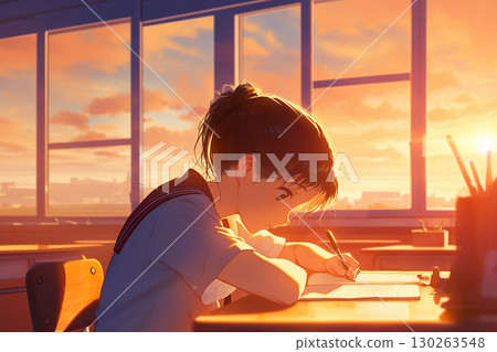 Anime illustration of a junior high school girl concentrating on studying for exams in a classroom in the evening 130263548