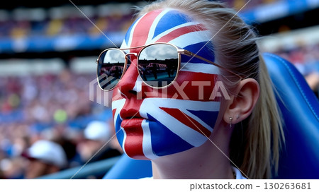 British Sports Fan with Union Jack Face Paint at Stadium British Sports Fan with Union Jack Face Paint at Stadium 130263681
