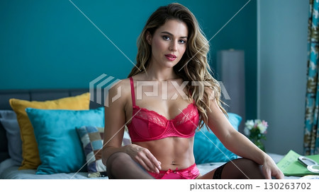 Glamorous Woman in Red Lingerie Relaxing on a Cozy Bed Glamorous Woman in Red Lingerie Relaxing on a Cozy Bed 130263702