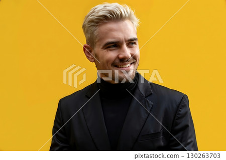 Confident Man with Platinum Hair Against Vibrant Yellow Background Confident Man with Platinum Hair Against Vibrant Yellow Background 130263703
