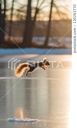 A Squirrel Gracefully Gliding Over an Icy Surface in a Winter Landscape 130263735