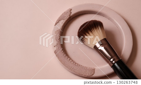 Makeup Brush on Pink Plate with Powder Streaks Close-Up 130263748