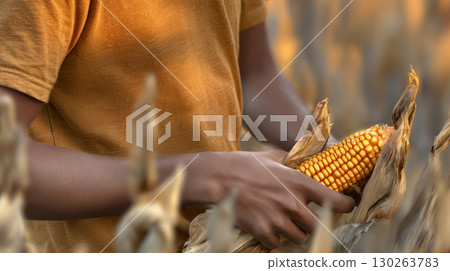 Close up photo of a black farmers strong hands picking golden corn, the kernels shimmering in the fading sunlight. The field in a strong blur. Close up photo of a black farmers strong hands picking golden corn, the kernels shimmering in the fading sunlight. The field in a strong blur. 130263783