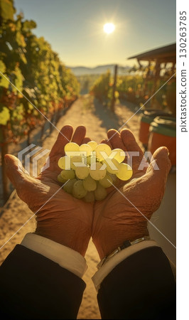 The hands of a french vintner is cradling a cluster of sun-warmed grapes. The vineyard rows stretch into the distance, bathed in amber glow. 130263785