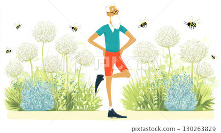 Illustration of an old man exercising yoga in a park between flowers and bees. Celebrating his 80th birthday. Elderly man on one leg in a garden. 130263829