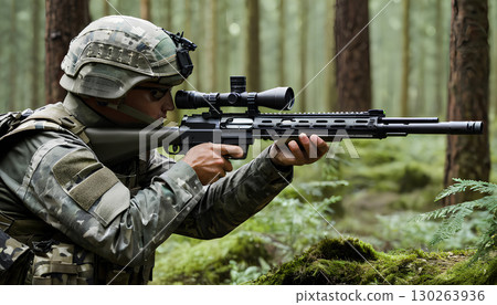 soldier with gun in forest 130263936