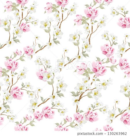 Chinoiserie floral seamless pattern with birds and flowers. 130263962