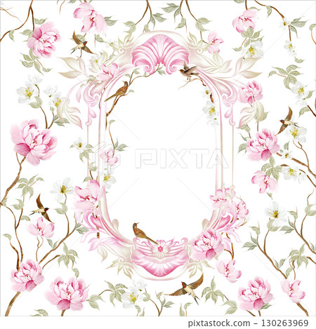 Chinoiserie floral wedding card with birds and flowers. 130263969