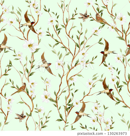 Chinoiserie floral seamless pattern with birds and flowers. Chinoiserie floral seamless pattern with birds and flowers. 130263973