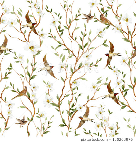 Chinoiserie floral seamless pattern with birds and flowers. Chinoiserie floral seamless pattern with birds and flowers. 130263976
