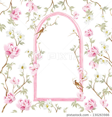Chinoiserie floral wedding card with birds and flowers. 130263986