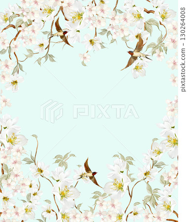 Chinoiserie floral wedding card with birds and flowers. Chinoiserie floral wedding card with birds and flowers. 130264008
