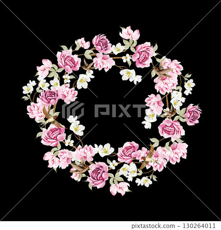 Chinoiserie floral wreath with flowers. 130264011