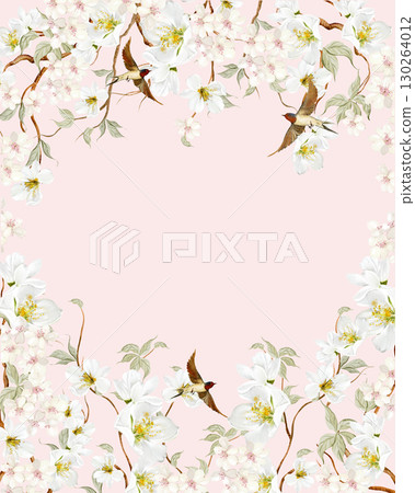 Chinoiserie floral wedding card with birds and flowers. 130264012