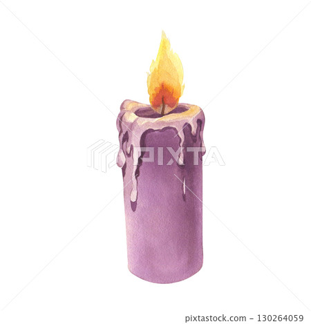 Wax candle. Hand drawn watercolor isolated illustration of burning candle. For greeting cards or invitations. Colorful drawing. Wax candle. Hand drawn watercolor isolated illustration of burning candle. For greeting cards or invitations. Colorful drawing. 130264059