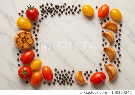 Culinary Ingredients Border Tomatoes Garlic and Pepper 130264243