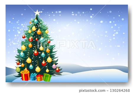 A beautifully decorated Christmas tree stands prominently against a snowy landscape A beautifully decorated Christmas tree stands prominently against a snowy landscape 130264268