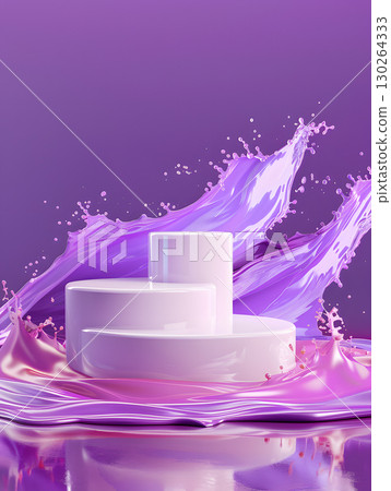 purple podium on background with paints splashes. banner for holidays. Stand for displaying good. 130264333
