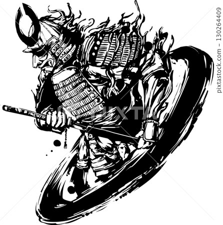Ink painting illustration of a samurai drawing his sword 130264409
